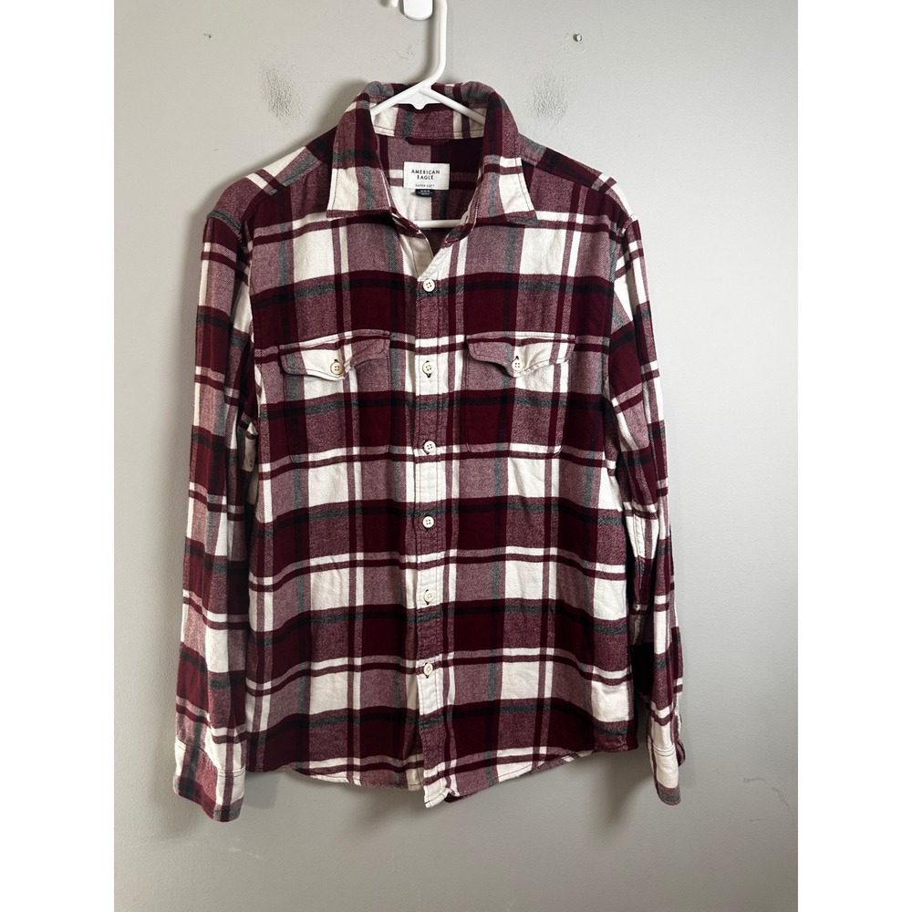 American Eagle Mens Super Soft Flannel Shirt Burgundy‎ White Plaid Button Up M